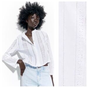 NWT. Zara White Embroidered Shirt/Blouse with Fringe. Size L.